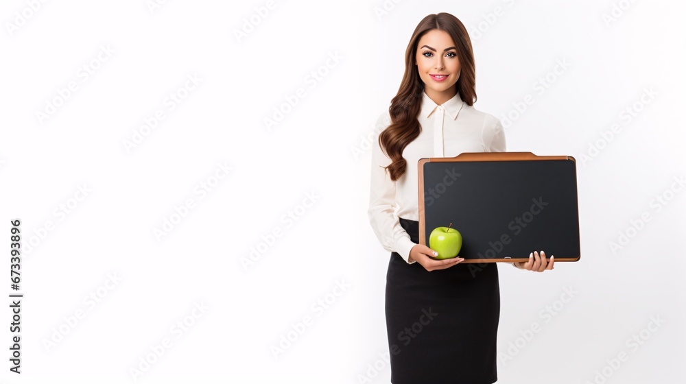 A youthful female tutor embracing textbooks beside a chalkboard, set against a plain white backdrop. A youthful female tutor embracing textbooks beside a chalkboard, set against a plain white backdrop.