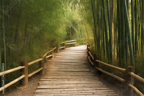 Scenic pathway through bamboo. Generative AI