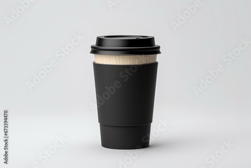 Mockup of take-away coffee cup with opened black lid and holder on white background. Generative AI