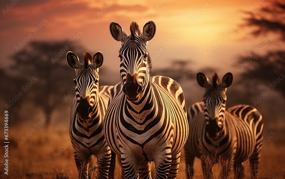 Obraz premium African zebras at sunset in the National Park.