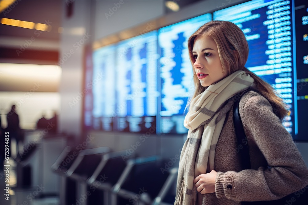 woman waiting flight with a luggage looking at departures board in airport terminal, Travaling concept woman waiting flight with a luggage looking at departures board in airport terminal, Travaling concept