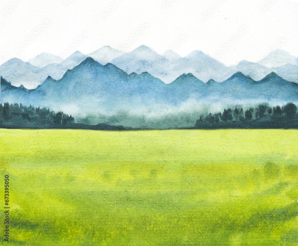Watercolor illustration of landscape with abstract green field and distant mountains , hand drawn