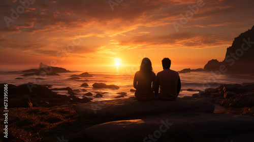 A vivid image conveying blissfulness as two people hug while witnessing the dawn over the sea.