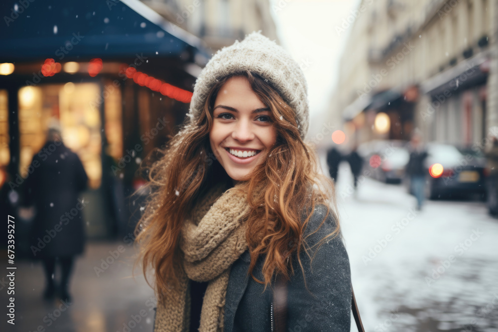 Portrait of beautiful young happy woman in winter clothes at street Christmas market in Paris. Real people Portrait of beautiful young happy woman in winter clothes at street Christmas market in Paris. Real people