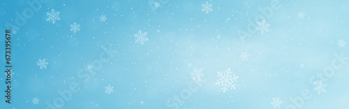 Snow winter background. Snowfall with white flakes. Blue Christmas texture with falling snow. Flying ice particles. Frozen effect template. Wide snowy wallpaper. Vector illustration
