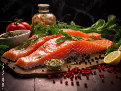 Delicious portion of fresh salmon fillet with aromatic herbs, spices and vegetables healthy food, diet or cooking concept, AI generator