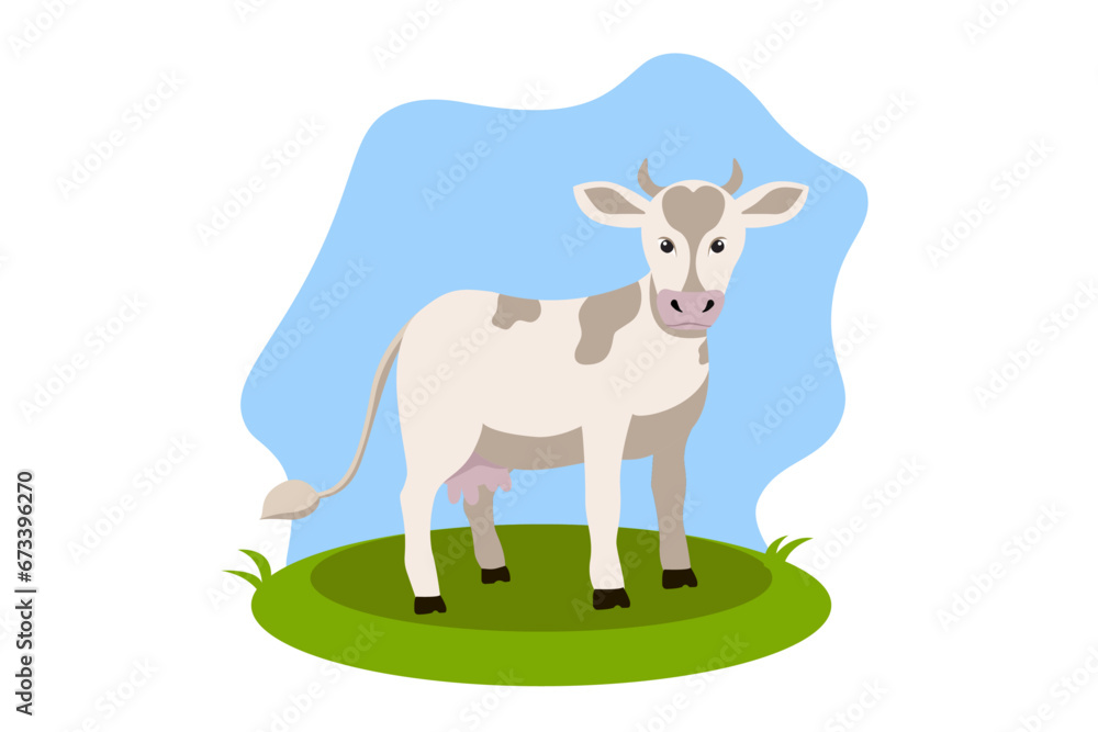 Vector farm animal - an adult large light cow stands sideways in a clearing in a cartoon style Vector farm animal - an adult large light cow stands sideways in a clearing in a cartoon style