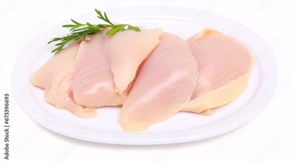 A platter of isolated poultry fillets, cut from raw breast meat, on a white background. A platter of isolated poultry fillets, cut from raw breast meat, on a white background.