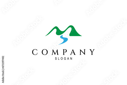 Mountain logo with river flow in flat design style