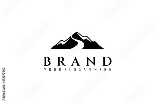 Mountain vector logo design with river water flow in flat design style © FendyTerisno