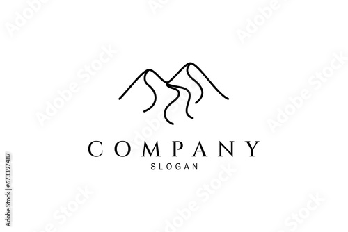 Abstract mountain logo with river flow in line art design style