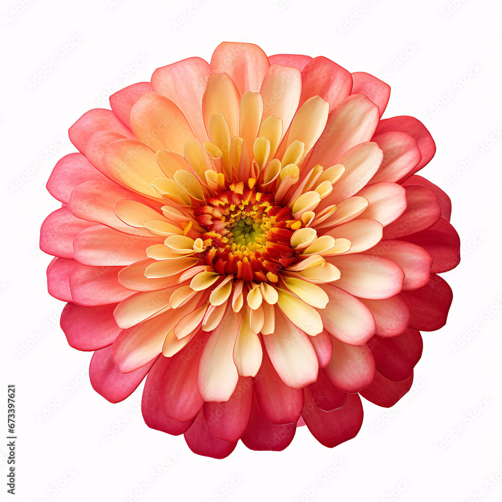Fototapeta premium An isolated Zinnia bloom, transparent on a pristine white backdrop, is depicted in artistic botany.