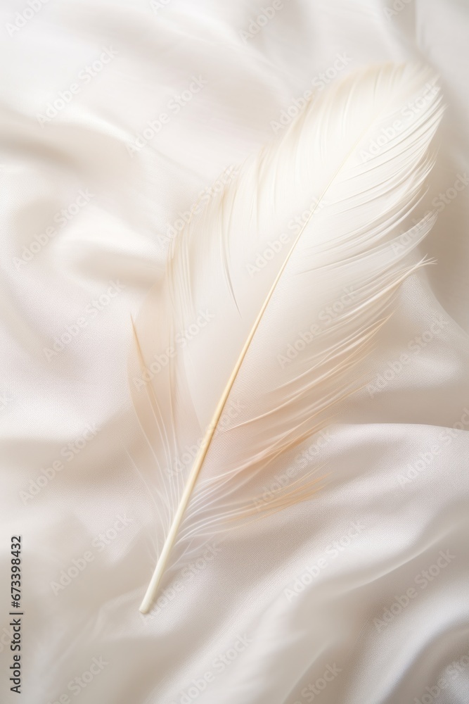 Fototapeta premium Closeup of a white feather over a white sheet