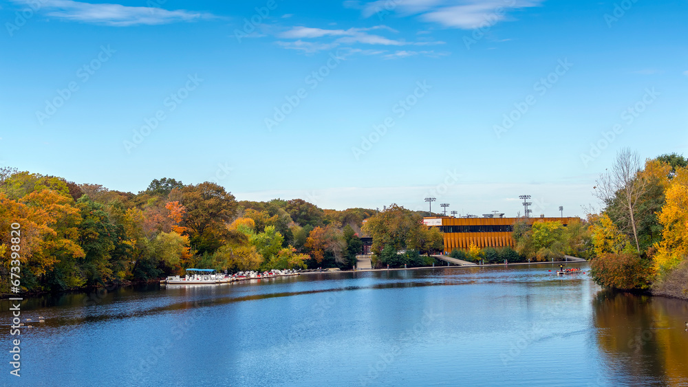 Colorful autumn trees along the bank of the Charles River in Watertown, Greater Boston, Massachusetts, USA