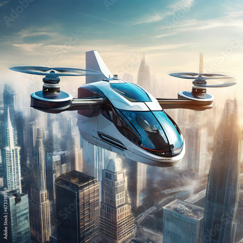 futuristic manned roto passenger drone flying in the sky over modern city for future air transportation and robotaxi concept as wide banner with copy space © Amli