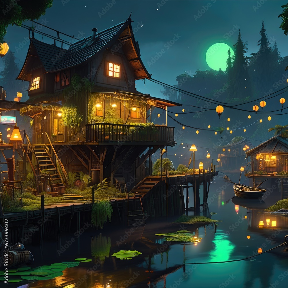 Obraz premium The fishing village of the future at night, the village of fishermen in the swamps at night. Glowing windows and burning garlands on houses.