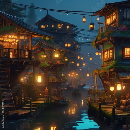 The fishing village of the future at night, the village of fishermen in the swamps at night. Glowing windows and burning garlands on houses. © poto8313