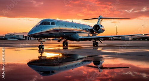 a private jet at sunset parked outdoors © olegganko
