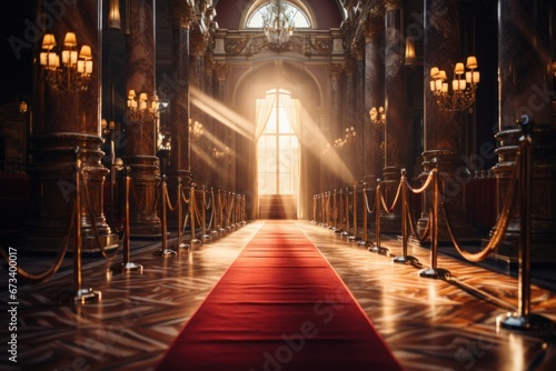 a red carpet with red ropes on one side