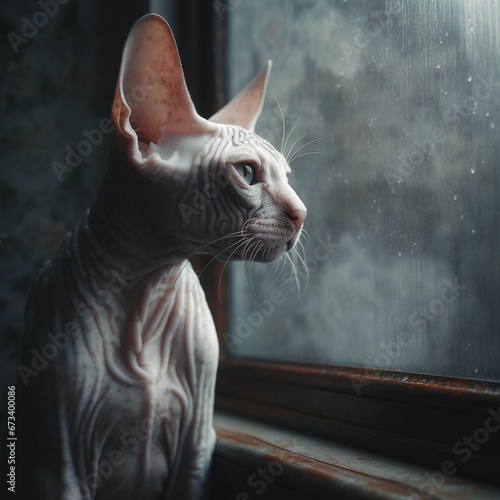 AI generated Sphinx cat near window photo