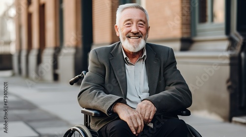 Portrait of a happy senior man sitting on wheelchair. Cheerful old man sitting on wheelchair. Disabled man in his wheelchair looking at camera. 