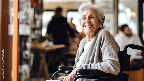 Senior woman in wheelchair at home.elderly, nursing, home, person, woman, people, doctor, health, medical, women, portrait, medicine, bedroom, nurse, old, worker, young, adult, support, care, service,