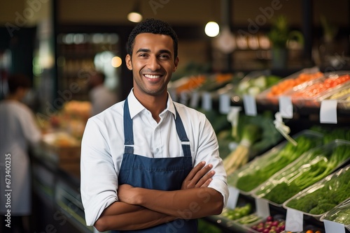 Portrait of a handsome seller with arm crossed in supermarket. Portrait of smiling man wearing apron at supermarket photo