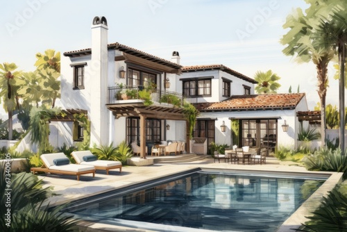  rendering of a white and green villa with a green and a swimming pool © olegganko