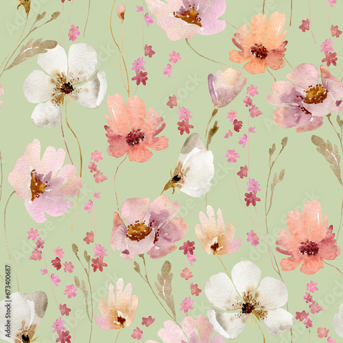 Watercolor pink subtle wildflowers floral seamless pattern. Hand drawn delicate botanical background. Romantic repeatable texture, wrapping paper, stationery, wallpaper,  fabric, paper, textile © TanyaOak