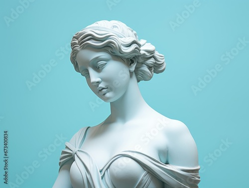 Ancient Greek Sculpture of a Woman with blue pastel background. Antique female goddess Statue in profile. Minimalistic modern trendy y2k style. photo