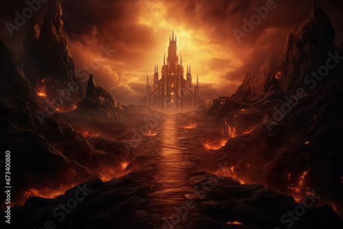 Apocalyptic inferno underworld landscape with road to hell. Life after death religious concept. © Bisams