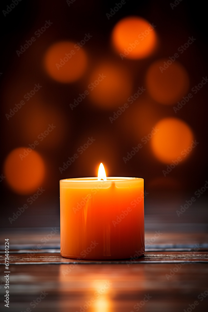 Lit candle on table with blurry background. Lit candle on table with blurry background.