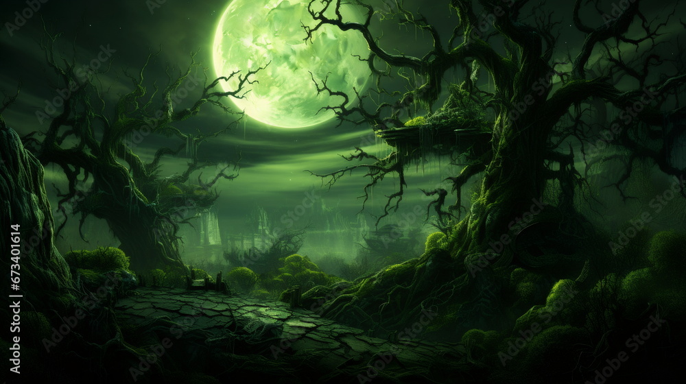 Fototapeta premium Green moonscape with trees, in the style of gothic atmosphere, dark and chaotic, horror-inspired