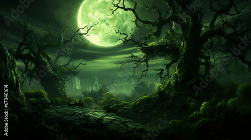 Green moonscape with trees, in the style of gothic atmosphere, dark and chaotic, horror-inspired