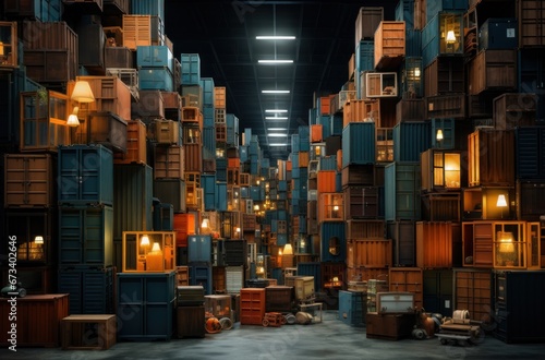 a warehouse filled with many boxes and stacked crates.