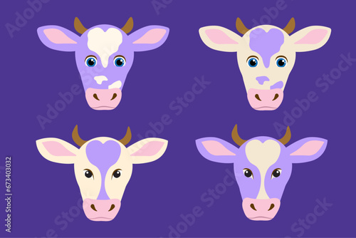 Adult cow muzzle flat vector illustration on purple background
