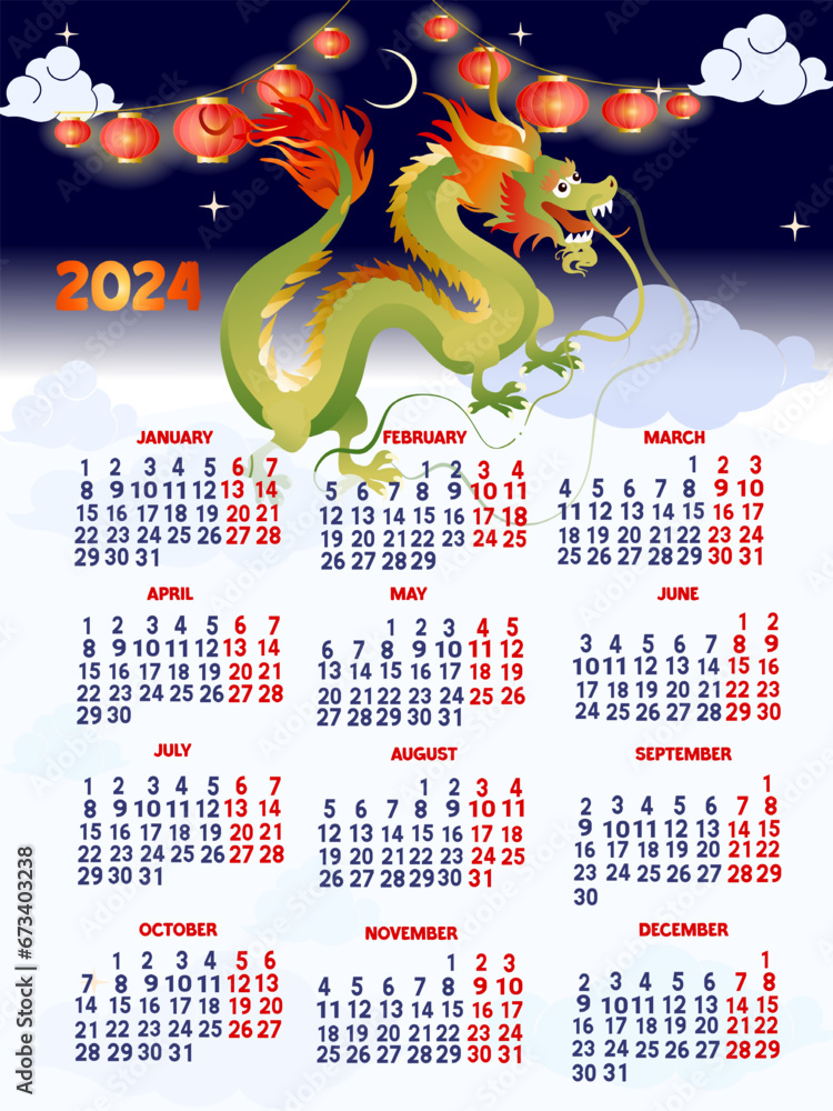 Chinese New Year calendar with dragon banner 2024 element graphic