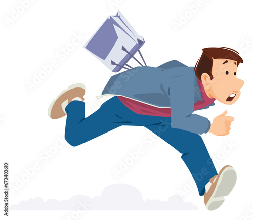 Man is running around shops. Illustration for internet and mobile website.