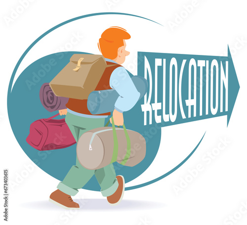 Man with bags hurries to rest. Illustration for internet and mobile website.