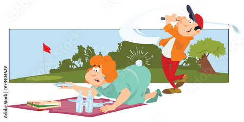 Golfer interferes with people at picnic. Illustration for internet and mobile website.