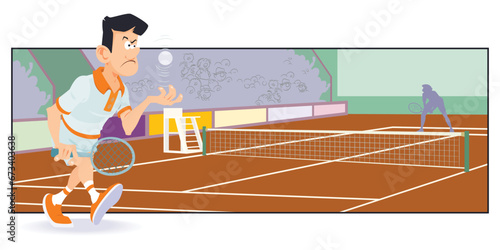 Man with tennis ball playing tennis. Funny people. Illustration for internet and mobile website.