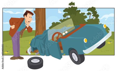Man and repair automobile. Illustration for internet and mobile website.