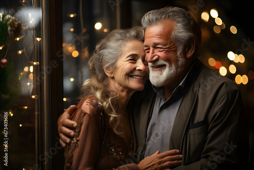 Happy retired couple embracing in the evening against the background of holiday lights.