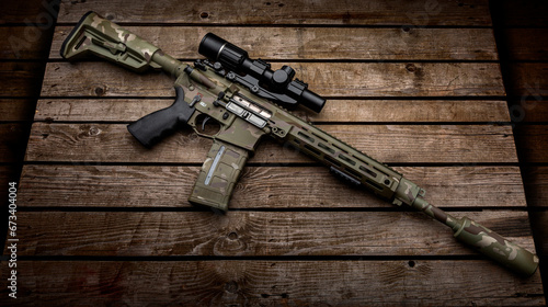 A modern carbine with an optical sight and a silencer. Weapons in camouflage coloring. Old wooden back photo