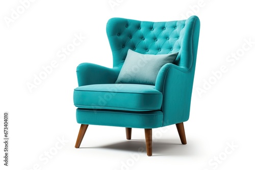 Classic armchair art deco style in turquoise velvet with wood legs isolated on white background.