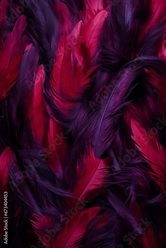 Closeup of crimson and purple feathers. Detail texture blackground
