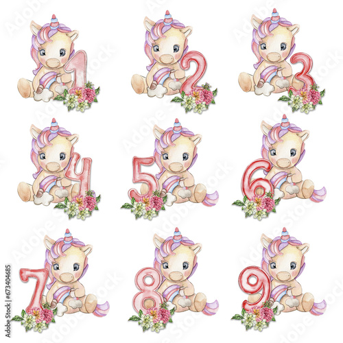 Watercolor hand drawn cute small baby unicorn with dahlia flowers with number composition. Fabulous baby animal for baby shower party design  birthday  cake  kids room decorations  poster  fabric.