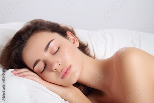 A young, beautiful woman sleeping on a white pillow against a white background