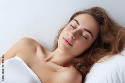 A young, beautiful woman sleeping on a white pillow against a white background