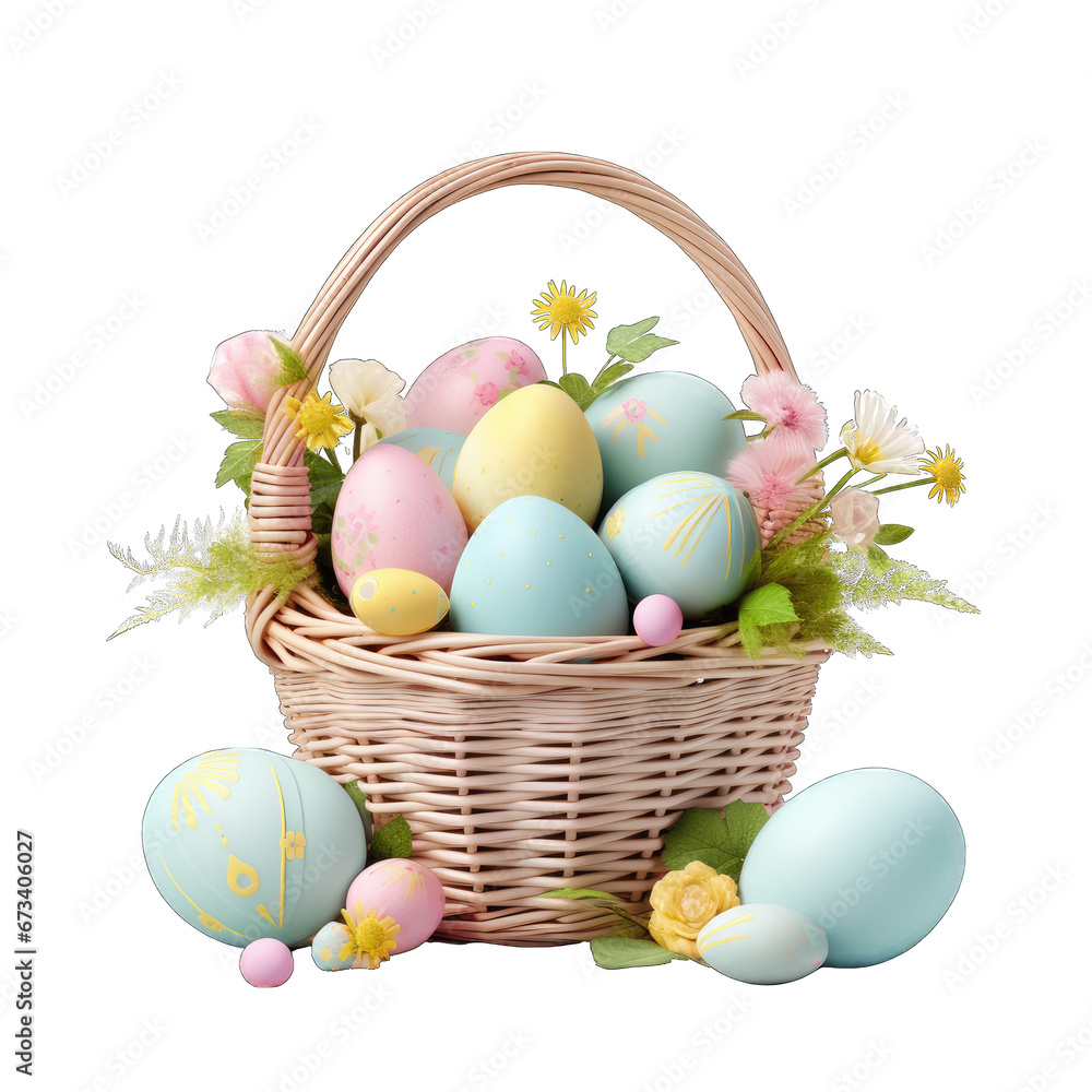 Pastel easter eggs in a basket with flowers, transparent PNG